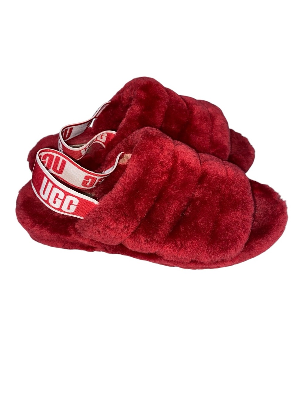 UGG Fluff Yeah Slide Ribbon Red Fur Slippers Logo Elastic Strap Size Size 7